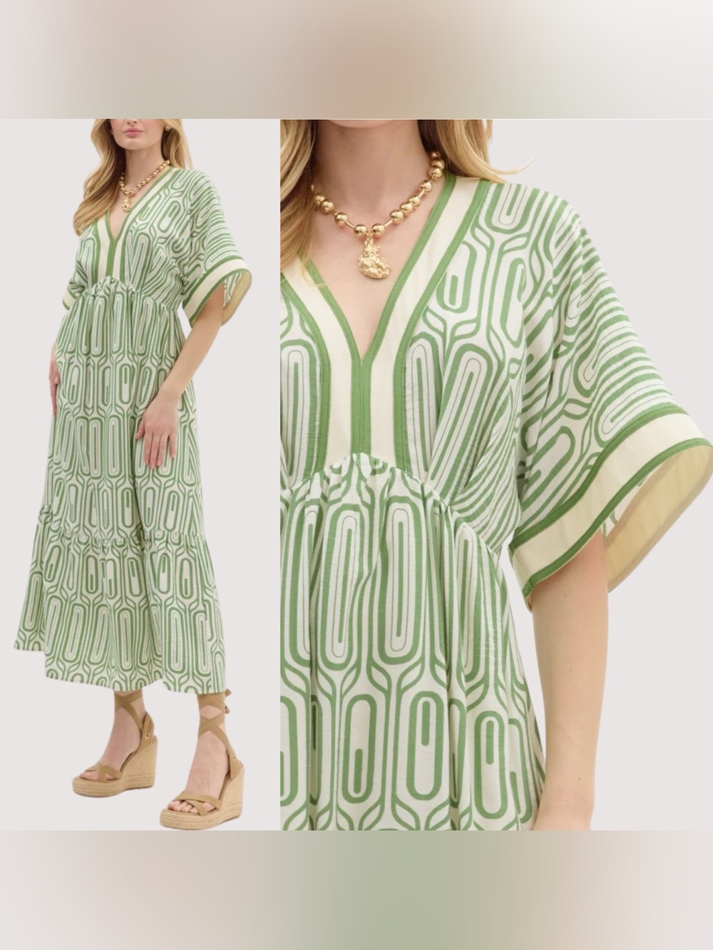 ENTRO Green White Geometric V-Neck Tiered Rayon Midi Dress Boho Size Small
